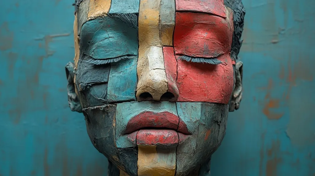 A close-up of a sculpture of a woman's face. The face is made of multiple blocks of painted clay, creating a mosaic effect. The colors used are primarily blue, red, and yellow. The woman's eyes are closed, and her mouth is slightly open, suggesting a sense of serenity or contemplation. The sculpture is set against a blue background.