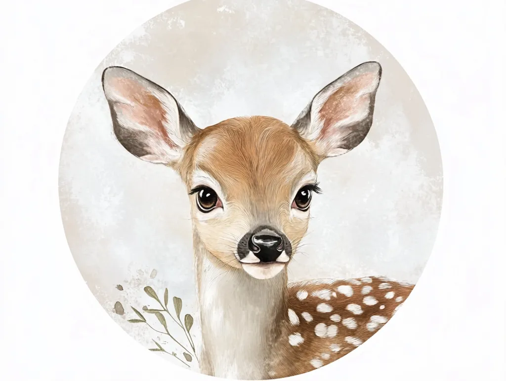 The image depicts a fawn, a young deer, with large, expressive eyes and a gentle, curious expression. Its brown and white spotted coat is beautifully rendered, and its large ears are perked up. The background is a soft, muted brown and white, creating a peaceful and serene atmosphere. The overall effect is one of innocence and beauty, capturing the essence of a young animal in its natural setting.