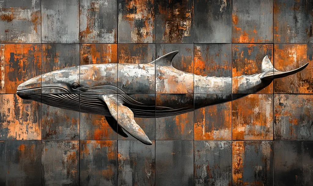 The image shows a 3D rendering of a whale sculpted into a wall of tiles. The tiles are a mix of grey and rusty orange hues, creating a unique and industrial aesthetic. The whale is depicted in a sleek and detailed form, with its body stretching across multiple tiles. The light reflecting off the metal surface of the whale adds depth and dimension to the artwork.
