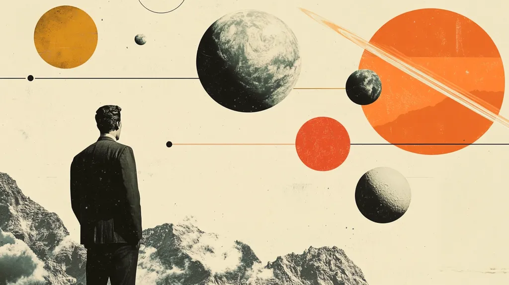 A man in a suit stands with his back to the viewer, gazing at a stylized depiction of a space scene.  A large orange planet with a ring sits in the top right corner, with other celestial objects in the background, including a round yellow one, a dark grey one, and several smaller, dark grey dots. The man is standing in front of what appears to be a mountain range with clouds in the foreground. The background has a muted beige color. The overall image has a retro-futuristic feel.