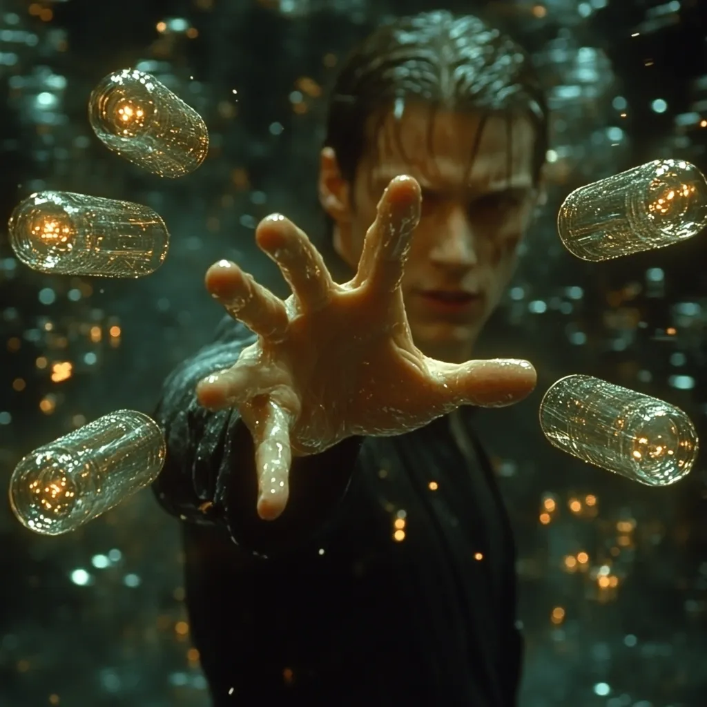A man with dark hair and a serious expression reaches out his hand towards the camera, his palm facing forward. The image is set against a dark, blurry background with a green-tinged glow. Several shimmering, transparent objects float around him, resembling capsules or pills. The man's wet hand and the floating objects create a sense of intrigue and otherworldliness. The overall impression is of a powerful and mysterious figure manipulating the objects with supernatural ability.