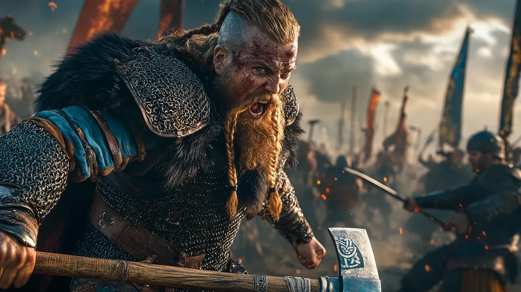 A fierce Viking warrior with a braided beard and chainmail armor, brandishes a large axe. He has blood on his face and is yelling in battle.  The image is set against a background of a blurred battlefield with other warriors and flags.  The scene is chaotic and intense, showcasing the warrior's rage and determination.
