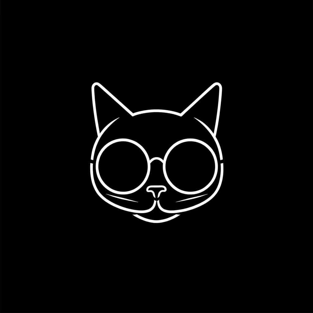 The image is a simple line drawing of a cat wearing round sunglasses. The cat is facing forward with its eyes closed. The outline of the cat is white, and the background is black. The cat has a slightly smug expression, suggesting it is enjoying its sunglasses. The image is minimalist and has a playful feel.