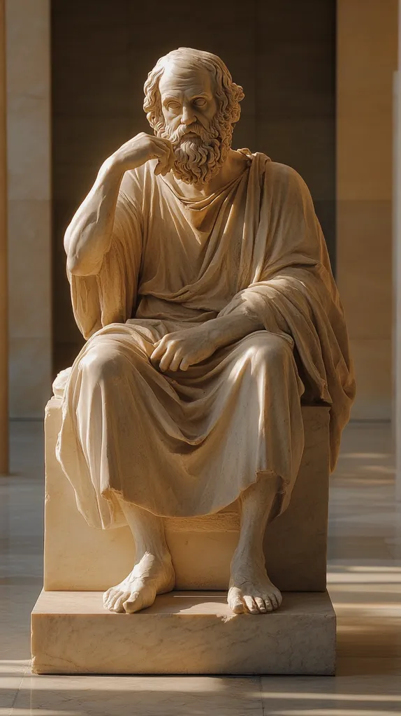 A marble statue of a seated man with a beard, likely a philosopher or statesman, is displayed in a museum or gallery. The sculpture is lit by soft, warm light, highlighting the details of the man's face and clothing. The man sits with his right hand resting on his chin, his left hand resting on his lap. He is wearing a toga-like garment. The sculpture is placed on a square marble pedestal, surrounded by a light-colored floor.
