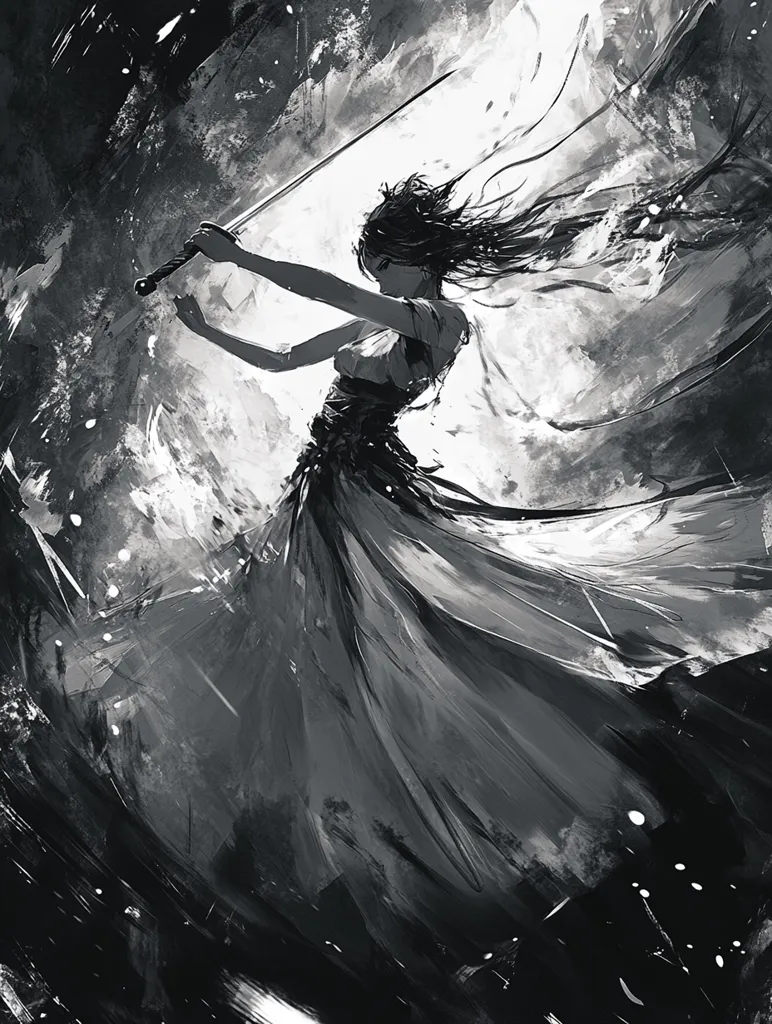 The image depicts a woman in a flowing dress, wielding a sword in a dynamic pose. The painting is rendered in black and white, with the woman's form highlighted against a stark background. The brushstrokes are visible and create a sense of motion and energy.  The overall impression is one of strength, power, and determination.
