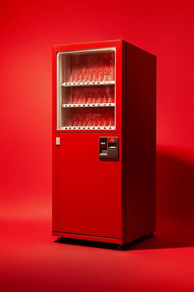 A bright red vending machine stands on a matching red surface. The machine is tall and rectangular with a glass front that reveals rows of empty slots where snacks or drinks would be. It has a coin slot and a button panel below the glass. The simple design emphasizes the bold red color.