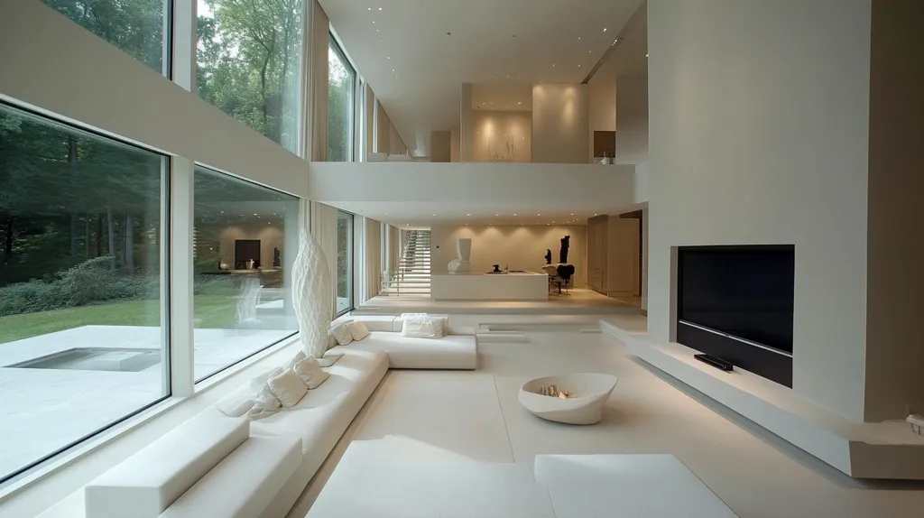 The image showcases a modern living room with a minimalist aesthetic. The white walls and furniture create a sense of spaciousness, while the large windows offer stunning views of a lush green landscape. A sleek, black television sits in a niche on one wall, adding a touch of contrast. The white sofa and coffee table provide comfortable seating and a welcoming atmosphere. The room's clean lines and neutral tones exude a sense of tranquility and sophistication.