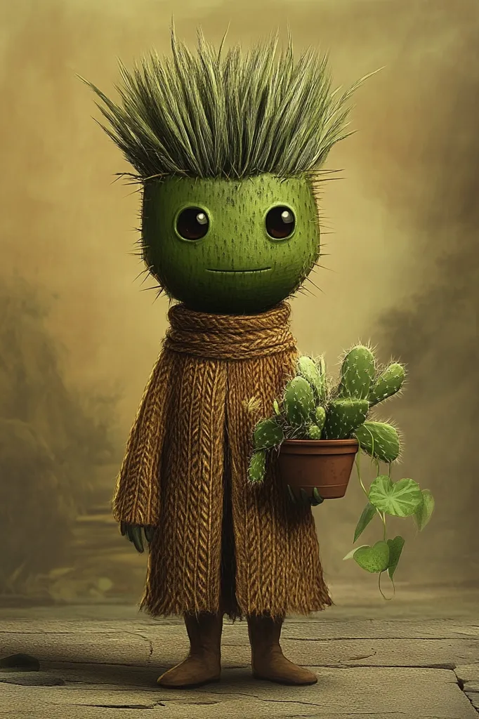 A green, anthropomorphic cactus wearing a brown sweater and boots stands in a dimly lit forest, holding a pot with a cactus plant. The cactus has a serious expression on its face and is staring into the distance. The image has a whimsical and slightly eerie tone, suggesting a story about a lonely or enigmatic creature.