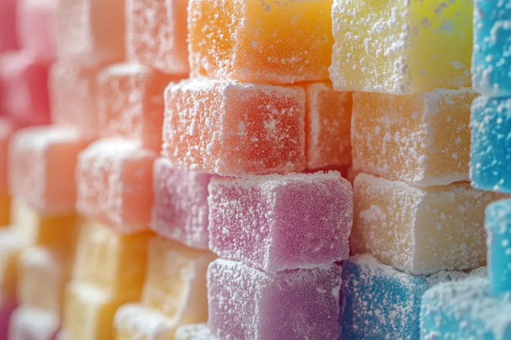 A close-up of a stack of colorful, sugary cubes. The cubes are arranged in a staggered pattern, creating a visual cascade of color and texture. They appear to be dusted with a fine, white powder, giving them a delicate and frosted appearance. The vibrant hues, ranging from pink to yellow, blue, and purple, create a visually captivating display of sweetness and delight.
