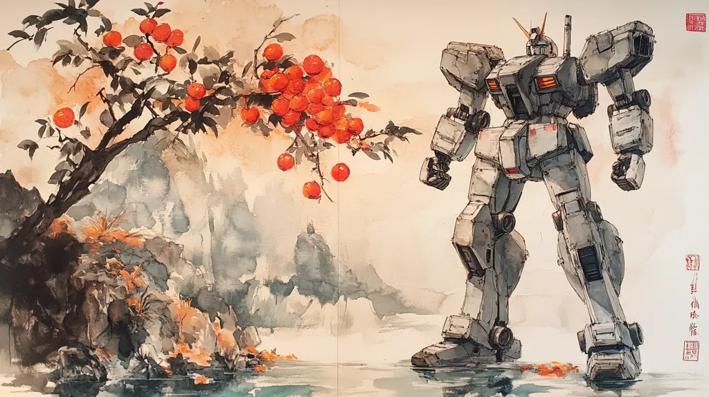 A large, white robotic figure stands in a body of water. Behind it is a large, rocky hill, and on the left is a tree branch with red fruits. The image is painted in a watercolor style, with soft colors and a flowing brushstroke. The robot appears to be made of metal and is very detailed.  The scene is tranquil and peaceful.