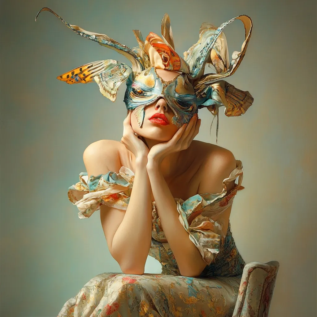 A woman with fair skin and red lips is wearing a large, elaborate mask that resembles a butterfly. The mask is made of colorful materials, and it covers her eyes and part of her forehead. She is wearing a floral dress, and she is sitting with her hands resting on her chin. She has a thoughtful expression, and the overall image is mysterious and alluring.
