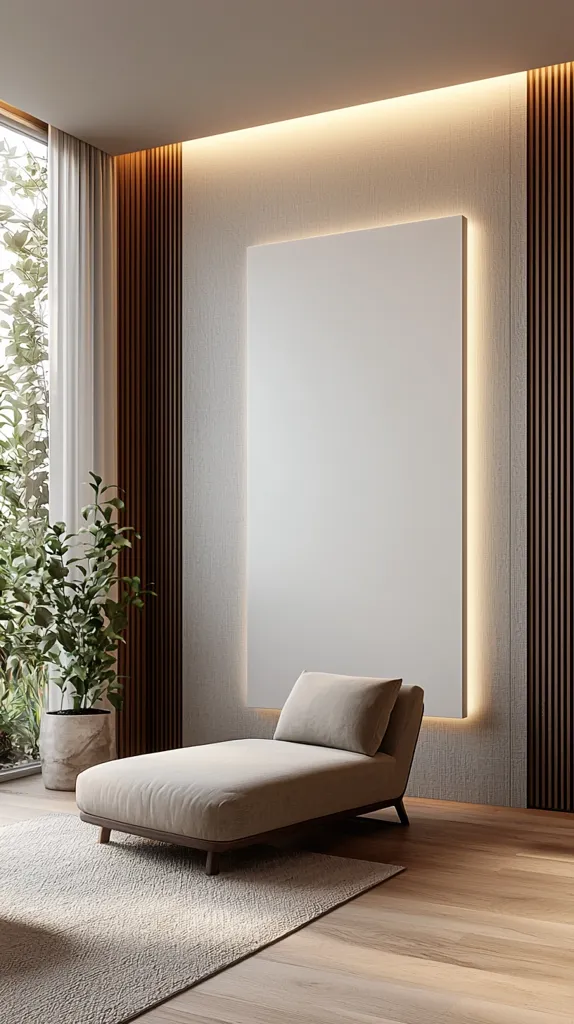 The image shows a modern living room with a large window, a chaise lounge, a large blank canvas, and a rug. The room has wood paneling and a warm, neutral color scheme. Natural light pours in through the window, illuminating the space. The chaise lounge is positioned invitingly, suggesting a place of rest and relaxation. The blank canvas provides a focal point and creates a sense of serenity. Overall, the image conveys a sense of minimalist elegance and tranquility.