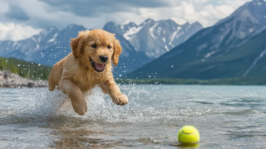 A golden retriever puppy leaps through the water of a lake, chasing a yellow tennis ball. The dog has its mouth open in a playful bark, and the water is splashing around it. In the background, snow-capped mountains rise up in the distance. The scene captures the joy and energy of a dog enjoying a summer day.
