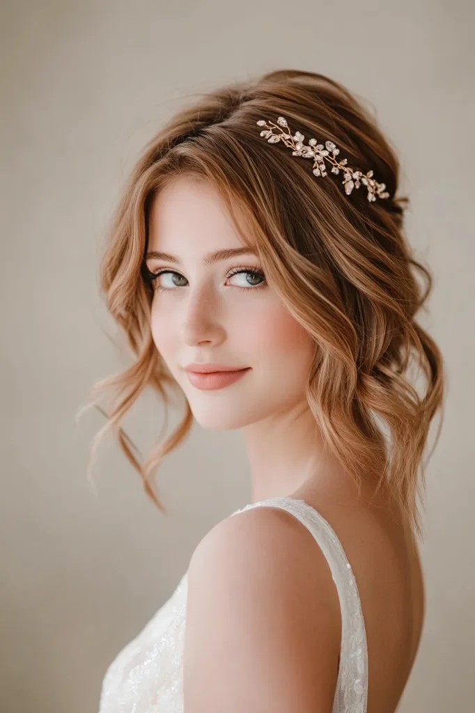 A woman with long, wavy, light brown hair wears a delicate gold and pearl tiara. She is wearing a white, strapless dress and has a soft, natural makeup look. Her eyes are sparkling and she has a gentle smile. The background is a soft, neutral beige. The image has a romantic and ethereal feel.