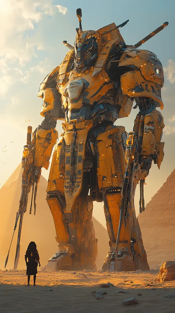 A towering, yellow, mechanical giant stands in the desert, its intricate design reminiscent of ancient Egyptian architecture. It towers over a lone figure, who stands in awe or fear before the colossus. The setting sun casts an orange glow on the scene, highlighting the majestic presence of the giant. Pyramids rise in the distance, further emphasizing the ancient and powerful nature of the robot.