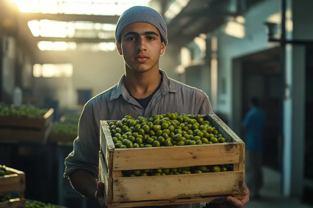 A young man, wearing a grey shirt and a blue cap, holds a wooden crate overflowing with green olives. The crate is in focus, while the man's face and the background are slightly blurred. The image suggests a sense of work, possibly in an olive processing factory. The man's serious expression and the abundance of olives convey a sense of hard work and dedication. The image is lit by natural light, highlighting the texture of the olives and the wood grain of the crate.