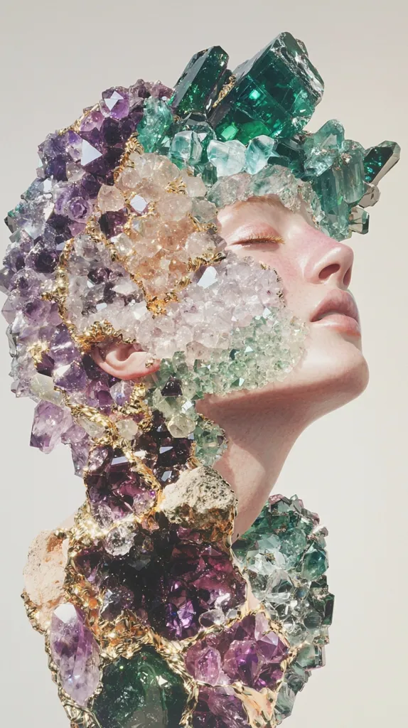 A woman's face is obscured by a large, intricate crystal sculpture made of amethyst, emerald, and quartz. The sculpture, in shades of purple, green, and gold, is intricately crafted and seems to be growing from her head. The woman's eyes are closed, and her face is serene, suggesting a sense of calmness and transcendence. The image evokes a sense of mystery and wonder, as if the woman is being transformed by the power of the crystals.