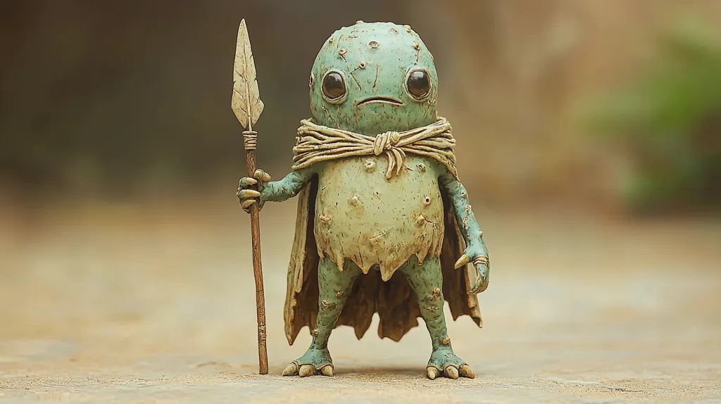 A small, green, humanoid creature with large eyes and a pointed head stands on a sandy surface. It wears a cloak made of woven material and holds a spear tipped with a feather. The creature's skin appears rough and textured, as if it's made of bark or stone. It has a serious expression, suggesting it's a warrior or a protector. The blurred background creates a sense of depth and mystery.