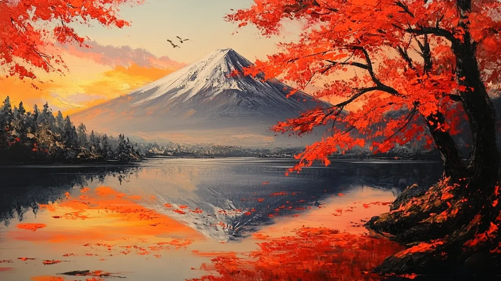 The image depicts a serene landscape with Mount Fuji as the focal point. The majestic mountain rises above a still lake, its snow-capped peak reflecting in the water. Lush green trees line the shore, and a vibrant crimson tree dominates the foreground, its leaves cascading towards the water. The sky is a canvas of soft hues, with streaks of orange and pink, hinting at a breathtaking sunrise. The composition captures the beauty of nature and the tranquility of the scene.