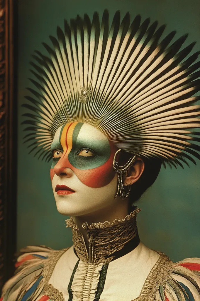 A woman with striking blue and red face paint wears a large, intricate headdress made of feathers. She is adorned with a decorative, gold collar and ornate earring. Her expression is serious, and her eyes hold a sense of depth and mystery. The image evokes a feeling of both power and fragility.