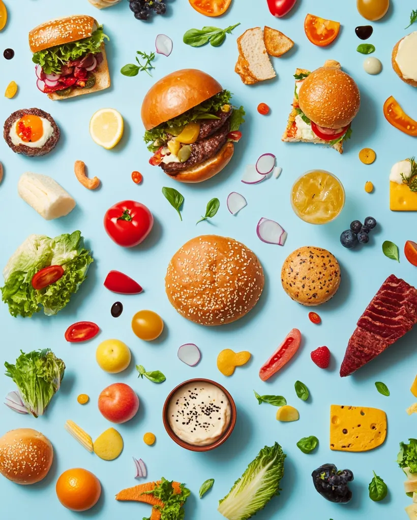 A flat lay image on a blue background, showcasing a variety of food items, including burgers, sandwiches, fruits, vegetables, dips, and cheeses. The arrangement is vibrant and colorful, suggesting a diverse culinary experience.  A few ingredients are scattered around to complete the picture.