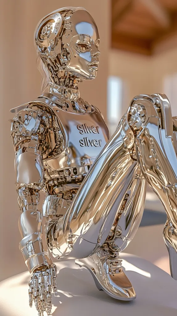 A silver, metallic robot sits with its legs crossed and its left hand resting on its lap. It has a human-like face and body, with intricate details of gears and wires. The robot's chest has a plate inscribed with "Silver Silver." The background is a soft, blurry beige.  The robot's reflective surface catches the light, creating a dramatic and futuristic aesthetic.