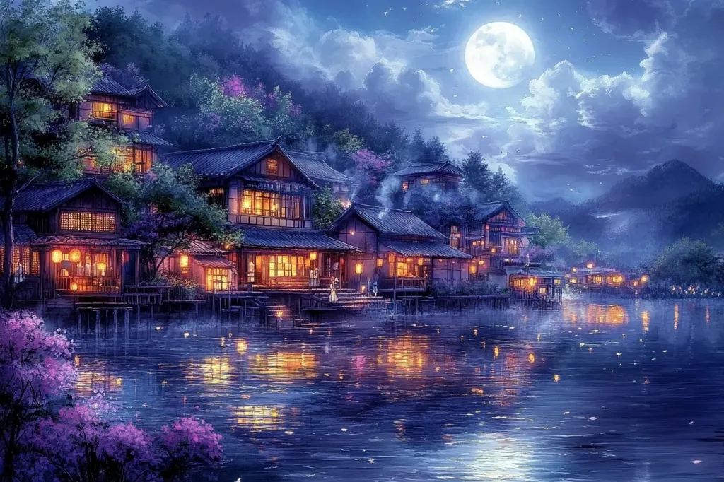 A serene night scene depicts a quaint village nestled along a tranquil river. Traditional Japanese houses with warm, glowing windows line the banks, while a full moon hangs high in the sky. The water reflects the moonlight and the soft glow of lanterns, creating an enchanting atmosphere. The air is still, and the only sounds are the gentle lapping of water and the chirping of crickets.