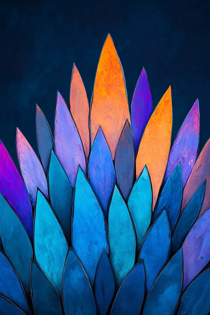 A close-up of a colorful abstract artwork featuring overlapping, teardrop-shaped leaves. The leaves are arranged in a symmetrical pattern, with a central orange leaf flanked by purple and blue leaves. The leaves are painted in shades of orange, purple, blue, and teal, creating a vibrant and textured visual. The artwork is set against a dark blue background, which enhances the colors and contrasts.  The artwork is likely made with paper or fabric, showing evidence of brushstrokes and texture.