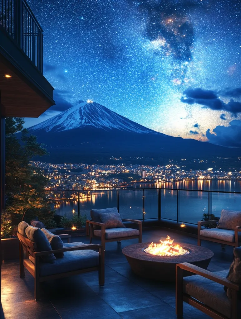 The image captures a breathtaking night scene with a stunning view of Mount Fuji. A patio with a fire pit and comfortable seating overlooks a city lightscape and a serene lake. The sky is a canvas of twinkling stars, including the Milky Way, adding a magical touch to the tranquil atmosphere. The scene evokes a sense of peace and tranquility, inviting viewers to imagine themselves enjoying a peaceful evening in this serene setting.
