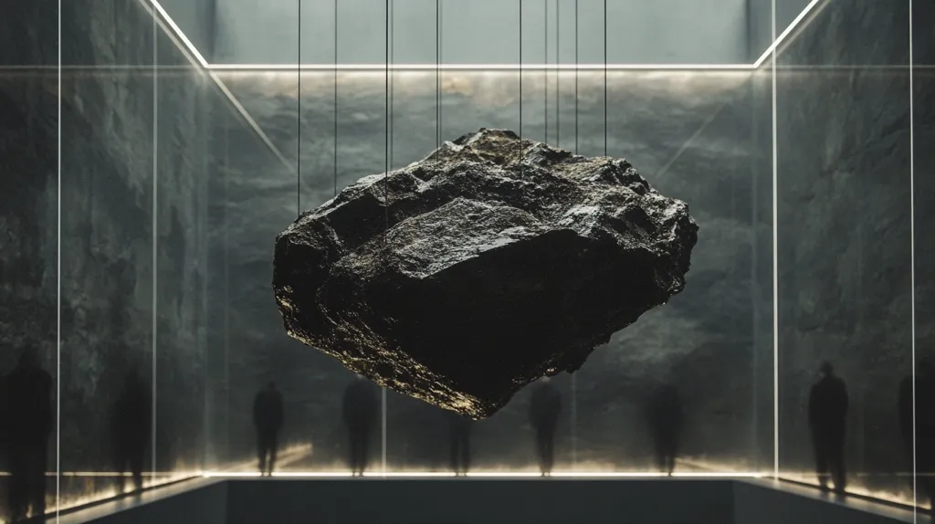 A large, dark grey boulder hangs suspended from the ceiling of a glass-walled room.  The boulder is illuminated by a soft light, highlighting its rough texture.  Faint silhouettes of people can be seen standing on the floor of the room. The overall atmosphere is minimalist and enigmatic.