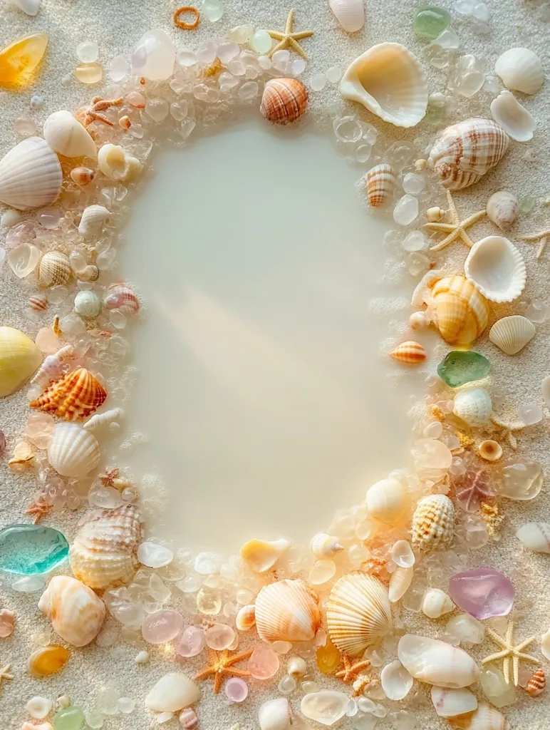 The image shows a variety of seashells and starfish arranged in a circular shape around a blank white space. The shells are of different sizes and colors, and the starfish are mostly light brown. The image is set against a background of white sand, giving the impression of a beach. The image is bright and cheerful, and it evokes a sense of peace and tranquility. The blank space in the center provides a perfect canvas for adding text or other visual elements.  The image is perfect for a summer-themed design project or for creating a relaxing atmosphere.