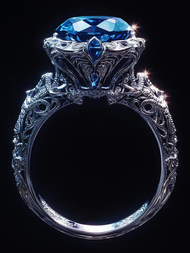The image shows a silver ring with an intricate design. It features a large, sparkling blue gemstone set in a silver mount. The ring is adorned with intricate details that resemble vines and flowers, creating a sense of elegance and sophistication. The black background highlights the ring's beauty and intricate details.