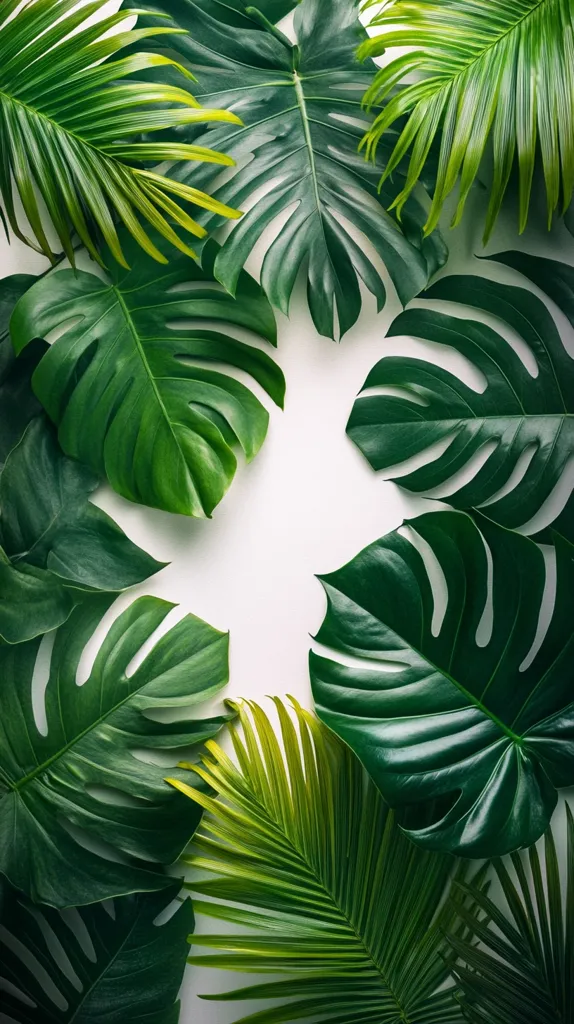 A collection of large, vibrant green tropical leaves are arranged in a circular pattern around a white background. The leaves are of different shapes and sizes, some are large and fanned out, while others are smaller and more delicate. They are arranged in a way that creates a sense of depth and movement, with the leaves overlapping each other in a layered effect. The bright green color of the leaves creates a sense of energy and vibrancy, while the white background provides a stark contrast that highlights the beauty of the foliage. The overall effect is one of natural elegance and sophistication.