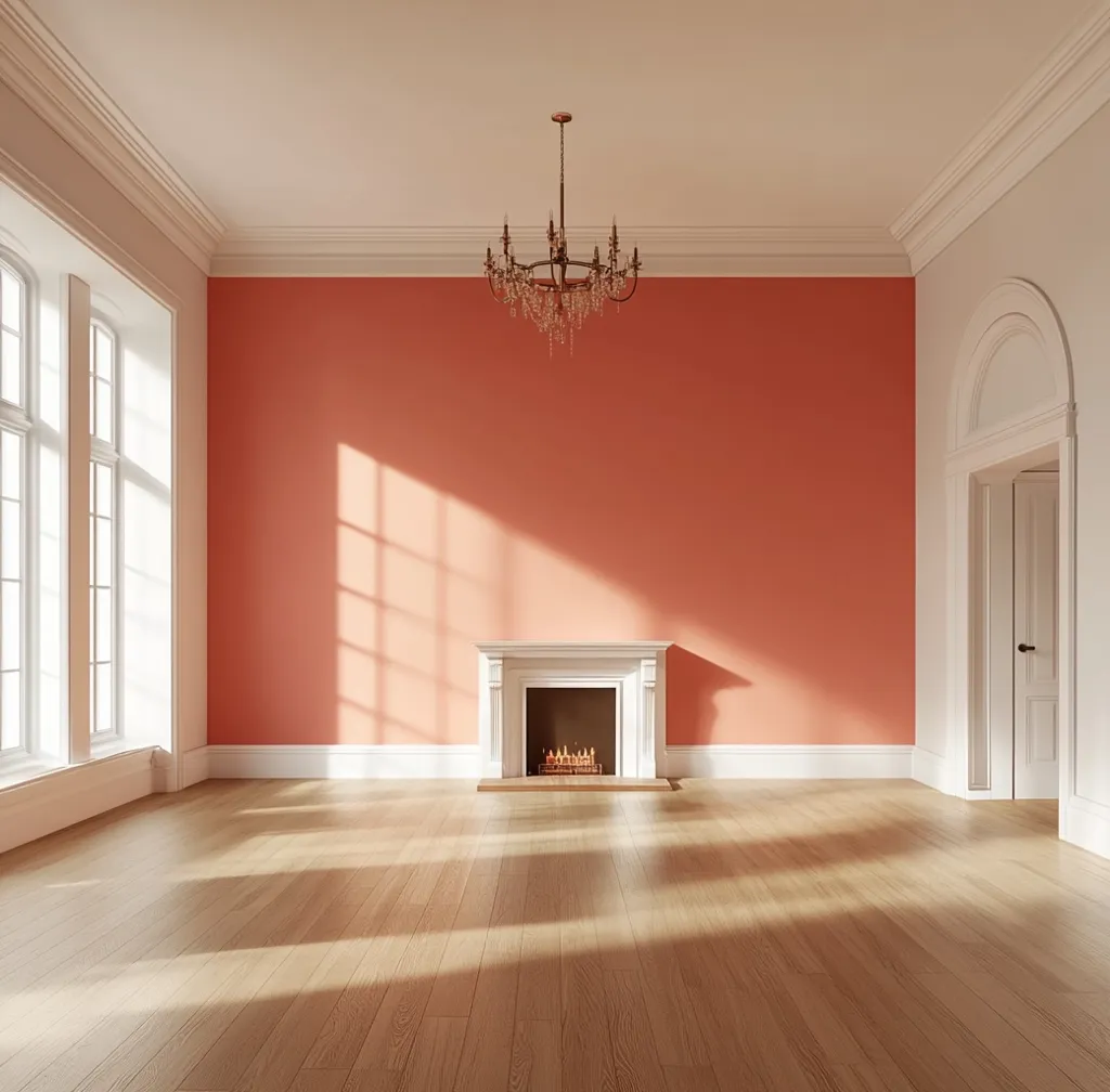 The image shows an empty room with a coral-colored wall, a white fireplace, and a large window on the left. Sunlight streams through the window, casting long shadows on the wooden floor. A chandelier hangs from the ceiling. The room is spacious and elegant.