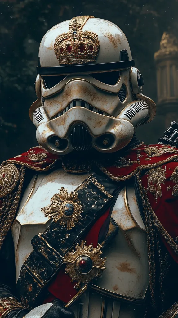 A Stormtrooper from Star Wars is depicted in a regal, almost royal, fashion. His white helmet is adorned with a golden crown, and his armor is embellished with intricate gold and red details. He wears a red cape lined with gold, and his chest is decorated with two elaborate golden brooches. The image has a vintage, almost Renaissance-era feel.