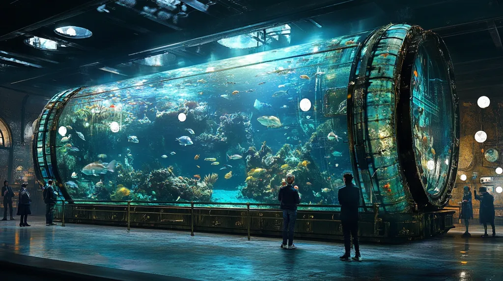 The image showcases a colossal cylindrical aquarium, seemingly constructed from an industrial metal, standing in a spacious, dimly lit room. The tank teems with vibrant marine life, including colorful fish, coral, and other aquatic flora. The tank's curvature provides a distorted view of the surroundings, adding to the surreal atmosphere. Several figures stand near the tank, observing the underwater world with a sense of awe. The lighting creates a dramatic contrast between the bright, underwater scene and the dark, industrial setting.