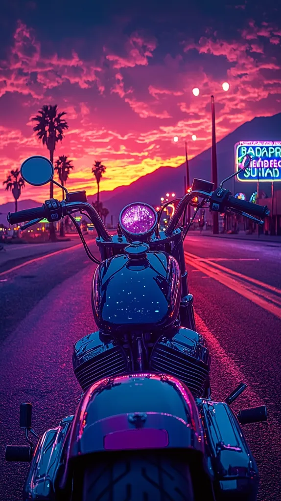 A black motorcycle sits in the middle of a deserted road, gleaming under the neon glow of a sunset sky. The motorcycle's headlight casts a purple hue, reflecting the vibrant colors of the sky. Palm trees line the road, adding a tropical touch to the scene. The road stretches out towards a distant mountain range, creating a sense of endless possibility. The image captures the allure of freedom and adventure on the open road.