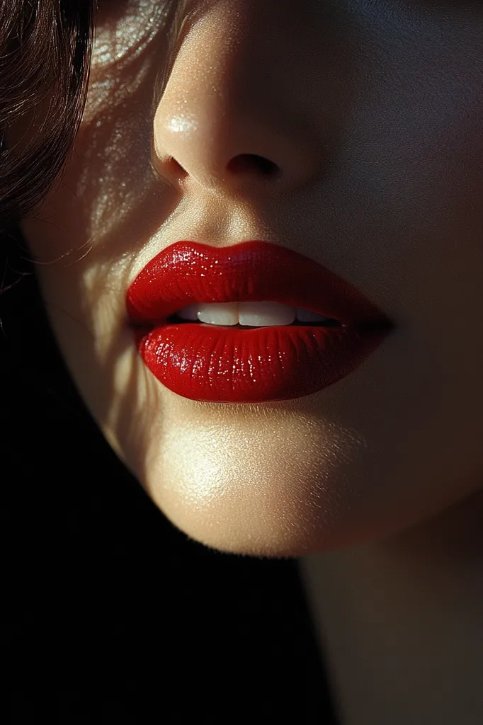 A close-up of a woman's face, with her lips painted a vibrant red. The image is lit from the left, highlighting the woman's cheekbones and the curve of her lips. The rest of the image is dark, drawing focus to the woman's bright lips.