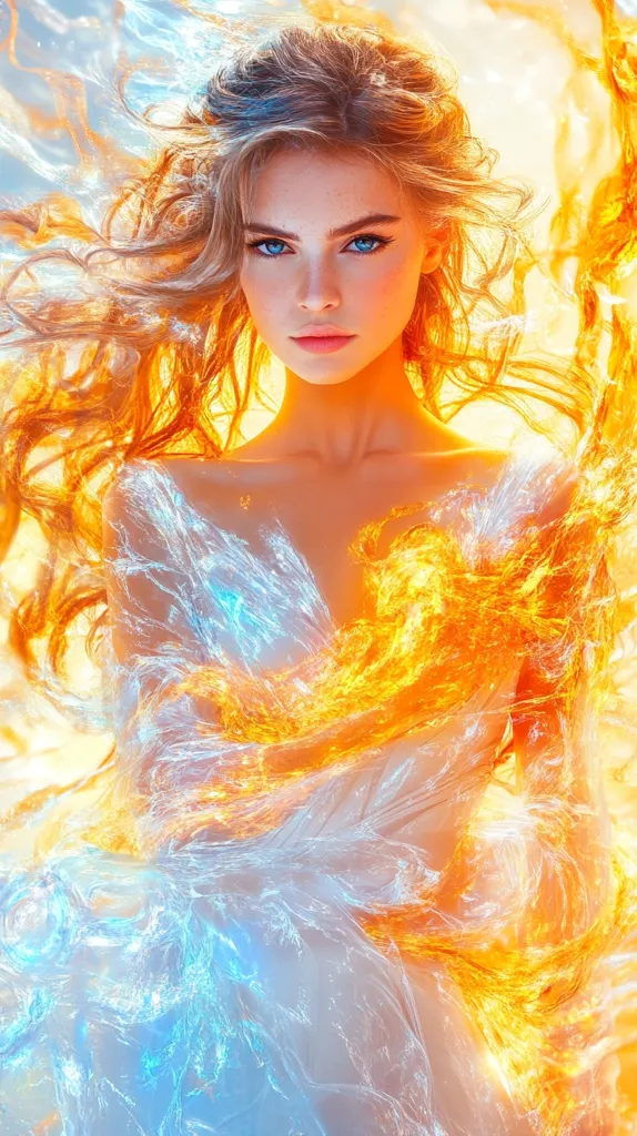 A woman with long, flowing blonde hair is wrapped in a swirling ethereal fabric that blends the colors of fire and ice. The light in the image is warm and ethereal, casting a glow on the woman's skin. Her eyes are large and expressive, her lips are slightly parted, and she has a captivating expression. The overall effect is dreamlike and otherworldly.