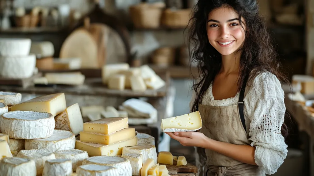 A young woman with long dark hair smiles as she holds a wedge of cheese in a cheese shop. She is wearing a white lacy blouse and an apron. The shelves behind her are stocked with a variety of cheeses. The scene is warm and inviting, with the cheese taking center stage.  The shop appears to be a family-run establishment with a rustic feel.  The woman's happy expression and the abundance of cheese create a sense of warmth and abundance.