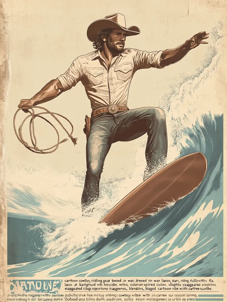A cartoon cowboy, riding a giant board in a wave, dressed in a way lasso, ear, riding  roughly with  fla. lasso at background with his side, withs, colorion spired colore, slightly exaggaereo sitesbiline, exaggerated cligop coportoms d'aggreenses, blendins, bigged cartoon vibe with cartree sudtible. 
"Colbeac lice tushna alern, padla om, coitty nielon mthinoagrees oo ur urin de avnn.
