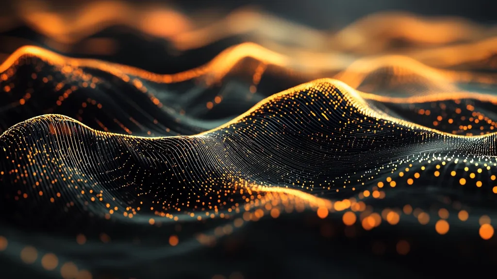The image shows a digital, abstract landscape. The background is black, and the foreground is composed of a series of undulating waves. The waves are formed from a network of tiny, glowing orange dots. The image evokes a sense of movement and energy, and the warm glow of the dots suggests a sense of warmth and life.