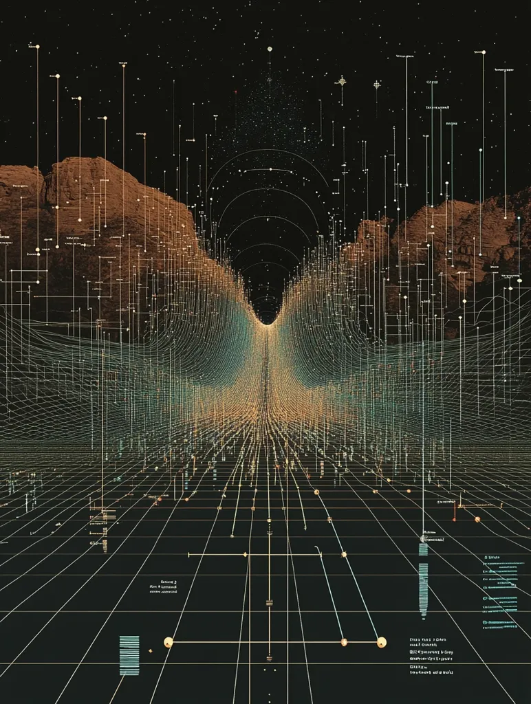 A futuristic digital landscape rendered in a grid-like pattern, with lines extending to the horizon. It features a dark background with twinkling lights and glowing orbs. The design evokes a sense of technology, connectivity, and space exploration.  The image is created using a 3D style and has a depth of field effect.