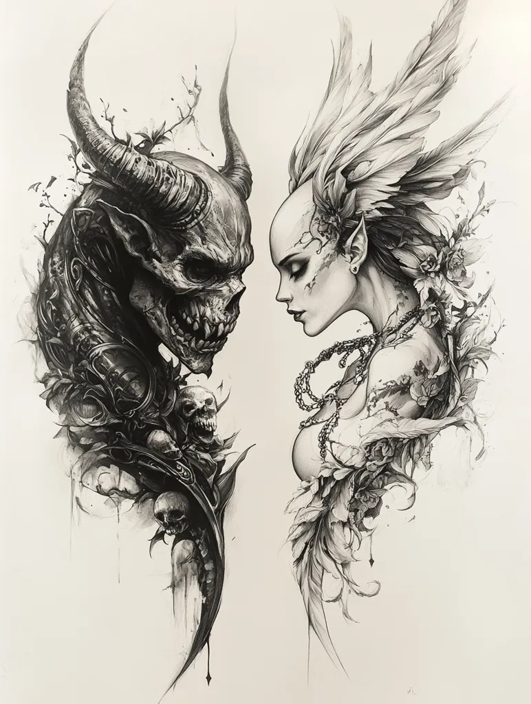 The image is a detailed black and white pencil drawing of a demon and an angel. The demon is on the left side, with horns and a skull-like face, and the angel is on the right side with long, feathery hair and a delicate face. The two figures are facing each other, their heads almost touching. The drawing is very realistic, with detailed shading and texture. The demon's body is covered in intricate, almost skeletal designs, while the angel's body is surrounded by delicate flowers and leaves. The image evokes a sense of contrast and duality, perhaps representing the battle between good and evil.