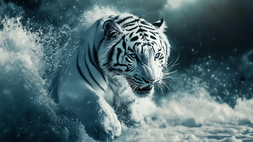 A white tiger with piercing blue eyes leaps through a swirling sea of white water.  Its black stripes are visible, and its fangs are bared in a fierce growl. The background is a blur of dark blue and white, creating a sense of motion and energy.  The tiger's powerful presence dominates the image.