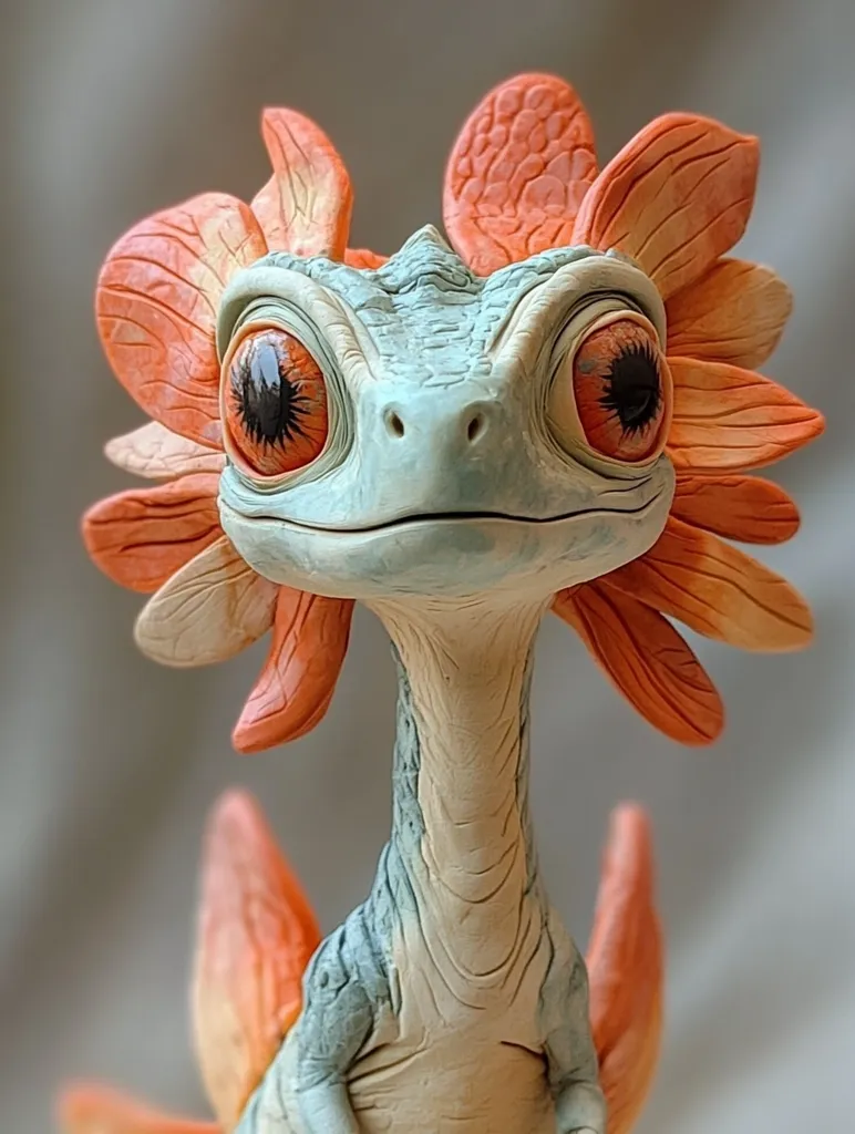 A whimsical, sculpted creature with a long neck, large, orange, flower-like headpieces, and big, wide eyes. The creature has a pale, bluish-grey body, with a soft, textured surface. The sculpture appears to be made from clay or a similar material. The creature's expression is friendly and curious, with its mouth slightly open in a gentle smile.  The sculpture is set against a neutral, blurred background, drawing attention to the intricate details of the creature.