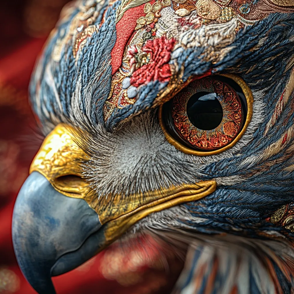 A close-up of an eagle's eye and beak. The eye is large and round, with a dark iris and a ring of red and gold around it. The beak is sharp and pointed, with a gold rim. The eagle's feathers are a mix of blue, black, and white, and there is a pattern of red and gold embroidery around the eye. The image is taken at a shallow depth of field, with the eagle's eye in focus and the background blurred. The texture of the feathers and the intricate details of the embroidery are clearly visible.