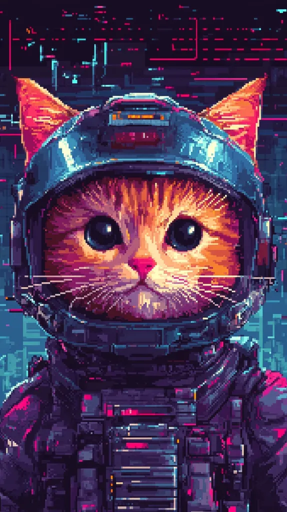 A pixelated cat wearing a black and silver helmet with glowing accents. The cat has orange fur with large, dark eyes. The background is dark and features pixelated, glowing lines and shapes, giving the image a futuristic, cyberpunk aesthetic. The image is highly stylized, with a focus on digital and geometric elements.
