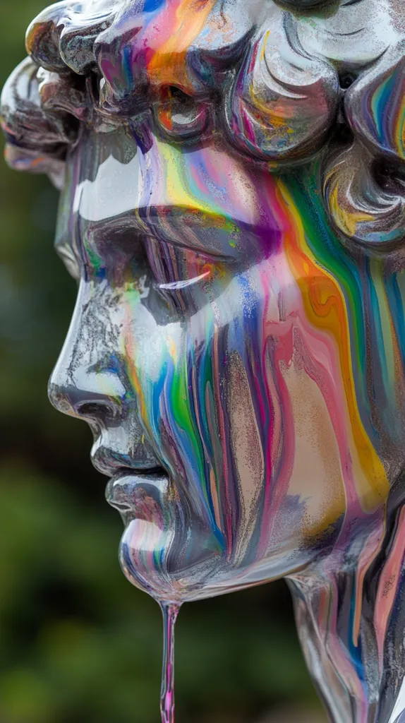 A close-up image of a sculpture of a man's face, painted in vibrant, swirling colors of blue, green, purple, pink, yellow and orange. The paint appears to be dripping down the face, creating a dynamic and abstract effect. The sculpture has a classical, almost Roman, style, with a strong nose and defined features. The background is a blurred green, suggesting an outdoor setting.