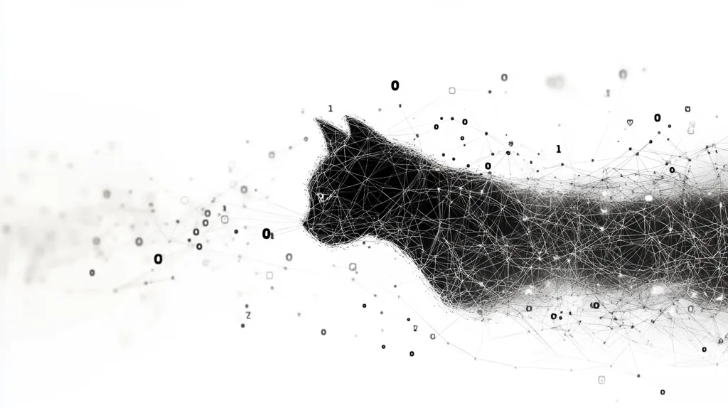 The image depicts a black cat, rendered in a stylized form using lines and dots. It appears as if the cat is made of data points connected by digital lines. The background is white, and small, scattered dots and lines create a sense of digital space.  The overall effect is one of abstract artistry, blending the natural world with the digital realm.